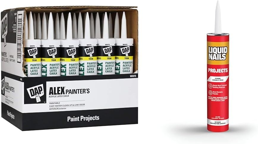 DAP Alex Painter's Acrylic Latex Caulk White 10.1 Oz 30 Pack and Liquid Nails Interior Projects Construction Adhesive Off-White 10 oz