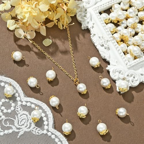 Stiesy 50Pcs 5 Styles Round Pearl Charms Shell Pearl Pendant Charm with Brass Flower Bead Caps for Jewellery Making DIY Bracelet Crafts - Image 3