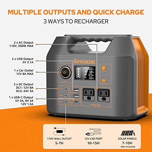 Portable Power Station EnginStar 300W Solar Generator 110V 296Wh Power Bank Two Pure Sine Wave AC Outlet 80000mAh Lithium Battery Pack for Camping Outdoors Trip RV Hunting Vans Emergency Backup - Image 3