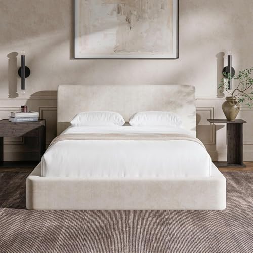 RECCI Polsterbett 140x200 cm Weiches Schaumstoff-Bettgestell mit Ergonomischem Kopfteil Vollgepolstertes Cloud-Design Ohne Boxspring Einfache Montage (Beige)