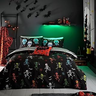 Bedlam - Halloween Kids Glow in the Dark Duvet Set - Day of the Dead - Single Bed Set in Black/Orange