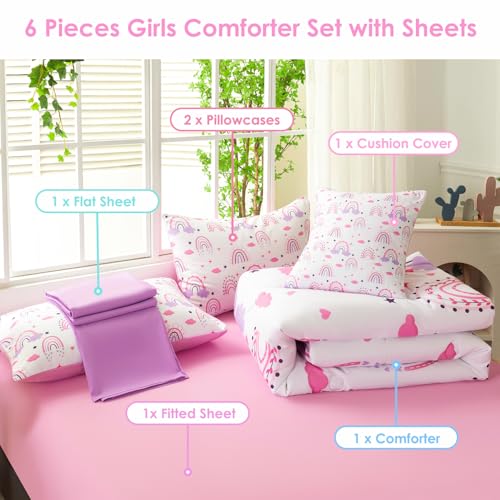 Image of 6 Pcs Full Size Bed in A Bag Purple Rainbow Girls Comforter Set with Sheets Colorful Cloud Printed Teen Girl Bedding Soft Lightweight Kids Bed Set for Bedroom Decor (Purple Rainbow, Full)