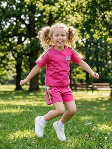 Image of WELAKEN Girls 2 Piece Outfit Kid Toddler Heart & Rainbow Sequin Striped T-shirt and Shorts Clothing Set