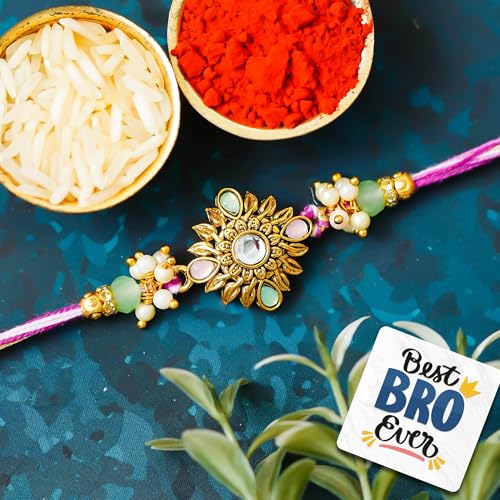 Image of eCraftIndia Pack of 100 Beautiful Floral Designer Rakhi for Brother Bhaiya Bhai Kids Boy | 100 Best Bro Ever Fridge Magnets Gift Combo Set | Roli Chawal Pack | Raksha Bandhan Rakhi Collection