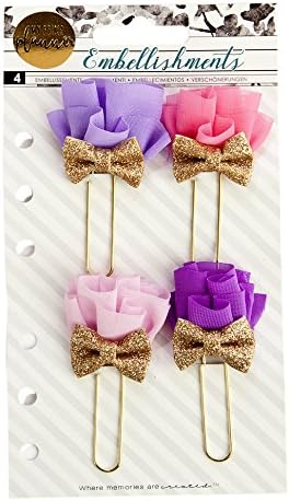 NEW! My Prima Planner Fabric Flower Paper Clips W/Bow 1.65"" 4/Pkg-Prom Night Pinks & Purples W/Gold
