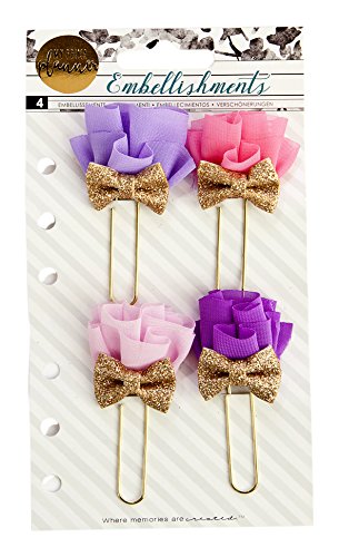 NEW! My Prima Planner Fabric Flower Paper Clips W/Bow 1.65"" 4/Pkg-Prom Night Pinks & Purples W/Gold