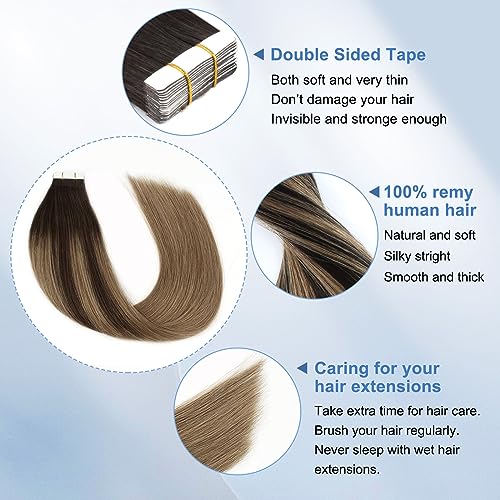Image of Sixstarhair Invisible Tape In Hair Extensions Real Human Hair Balayage Dark Brown Fading to Chestnut Brown Remy Tape Hair Extensions for Woman 20 Pieces 50g [Color #B2-6 18 inch]