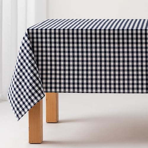 Nappe Anti-Taches Tableau Vichy, Coton, Toucher Tissu, 140x240 cm, Couleur Bleu Marine