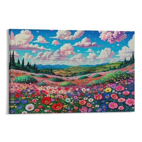 絵画 青い空と白い雲の下の美しい自然と花畑の風景 アートパネル ポスター 魅力的な花 魅力的な色彩の花畑 インテリア 絵画 モダン 風景画 装飾画 玄関 壁掛け キャンバス 飾り絵 シリーズ アートボード 部屋飾り 壁飾り 壁の絵 ソファの背景絵画 木枠付