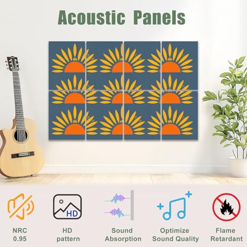 8 Pack Paneles Acústicos de Arte Absorbentes de Sonido Sunburst Abstractos Amarillo Naranja Azul Decorativos para Pared Auto-adhesivos para Estudios de Grabación y Oficina 48"x32" miniatura 3