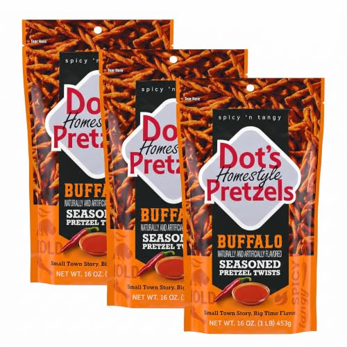 Dot's Pretzels Buffalo Seasoned Pretzel Twist Snack, 16oz Grocery Sized Bag (Pack of 3)