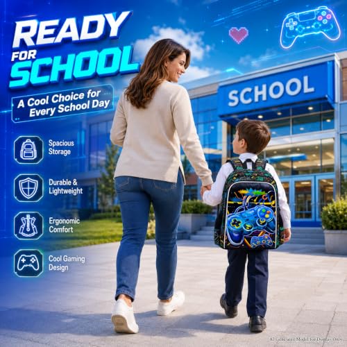 Image of CCJPX 3Pcs Gamer Backpack for Boys, 16 inch Kids Bookbag with Lunch Box, Cool Water Resistant Schoolbag for Preschool Kindergarten Toddler(Black)
