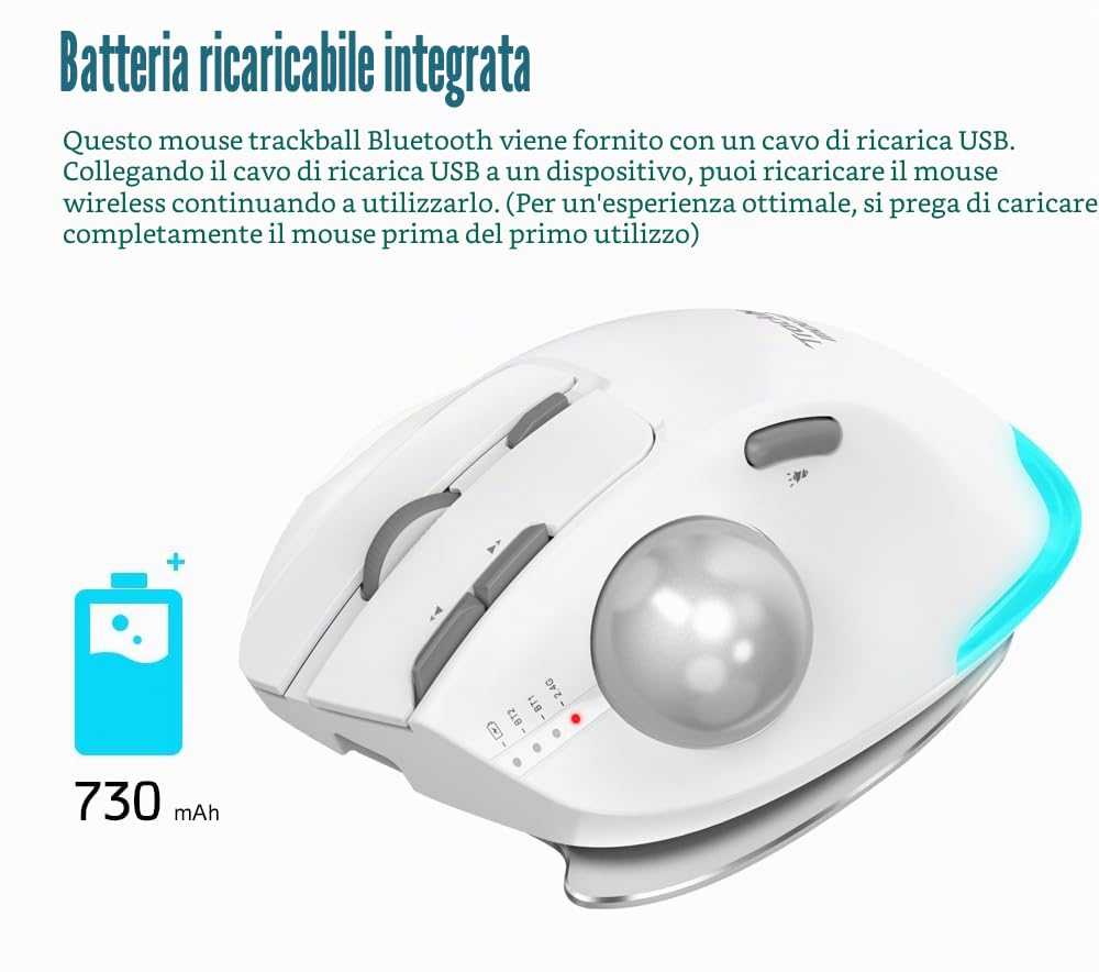 zelotes Mouse Trackball Bluetooth Wireless,Ricaricabile,4800DPI,8 Pulsanti,BT 5.0/3.0 + 2.4G,LED,Design Ergonomico,Mouse Senza Fili per PC,Laptop,Tablets,Bianco