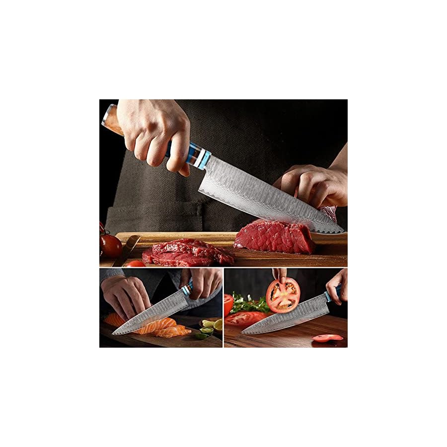KEENZO Damascus Chef Knife 8 inch, Professional Kitchen Knives,Sharp High Carbon Stainless Steel Cooking Knife, Ergonomic Blue Resin & Natural Wood Handle with Gift Box for Home & Restaurant