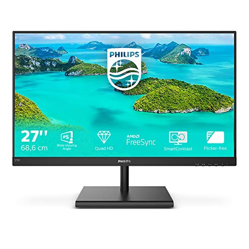Philips 275E1S/00- 27 インチ QHD モニター (2560x1440、IPS、16:9、DSUB、HDMI、ディスプレイポート 1x1.2、75Hz、4ms、250 cd/m、フリッカーフリー)、ブラック