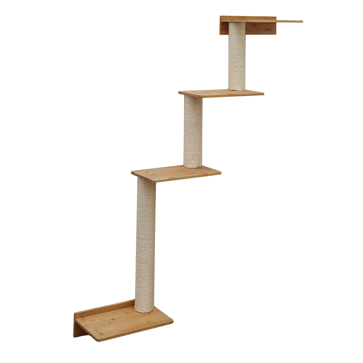 eyepower 143 cm Tiragraffi da Parete Milo con 4 Piattaforme in Bambù - Albero per Gatti Salvaspazio con Ripiano - Colonna in Sisal Naturale - Gioco da Arrampicata - Percorso da Muro Set Mensola Gatto
