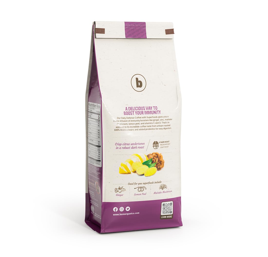 Daily Defense Organic Ground Bagged Coffee – Coffee with Maitake, Ginger Root, Lemon Peel & Superfoods – Healthy Mold Free Probiotic beverage, Vegan, Gluten Free - 10 oz