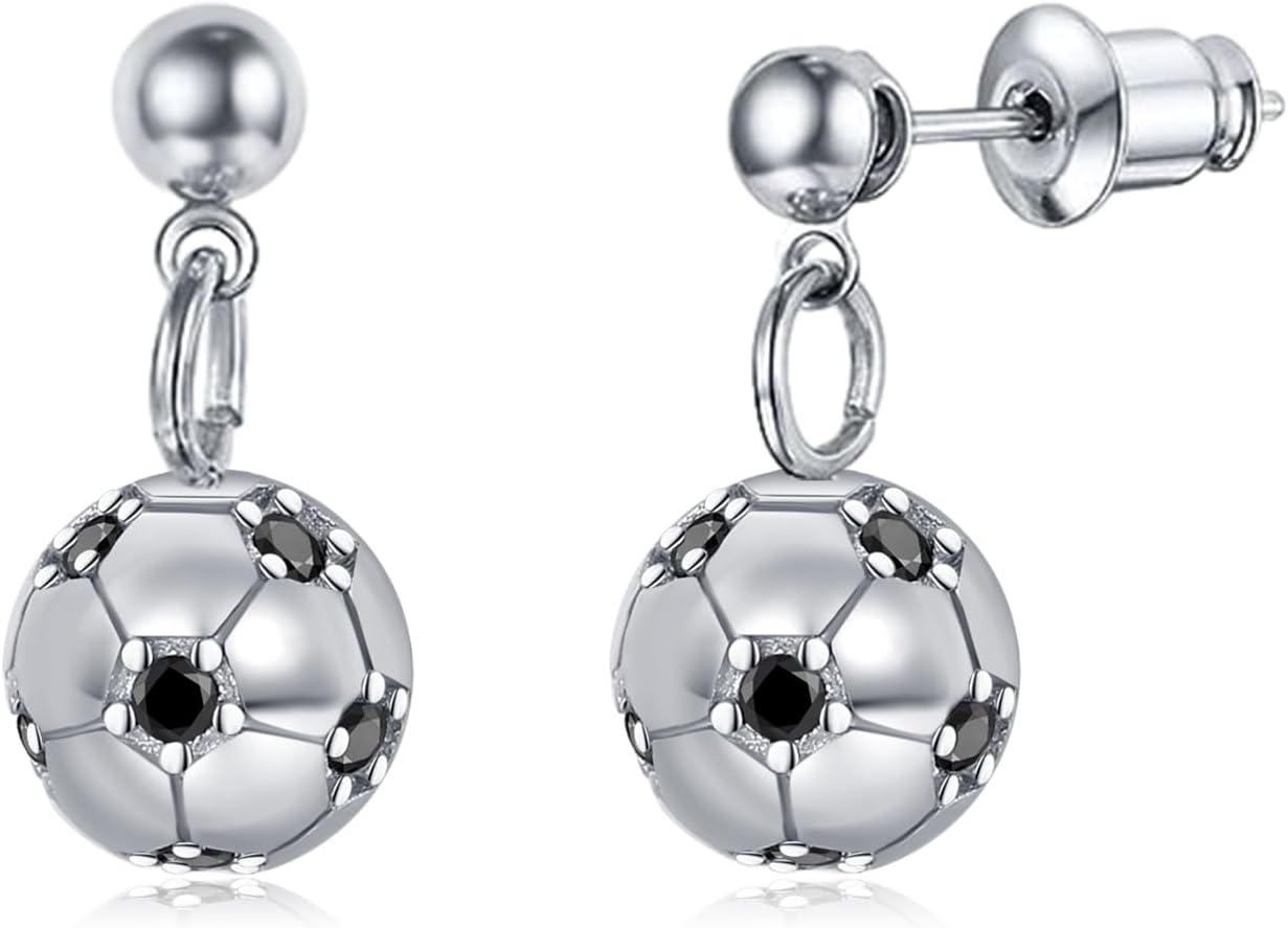Soccer Earrings for Women 925 Sterling Silver Soccer Stud Earrings/Drop Earrings wi...