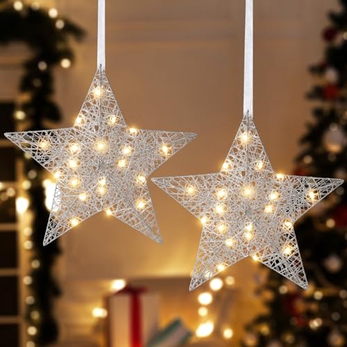 Lewondr Hanging Light Star Shape, Lighted for Christmas Decorative Hanging Ornament, Battery Operated Iron Wire LED Decor Light for Xmas Holiday Room Home Party, Timer Function, Silver