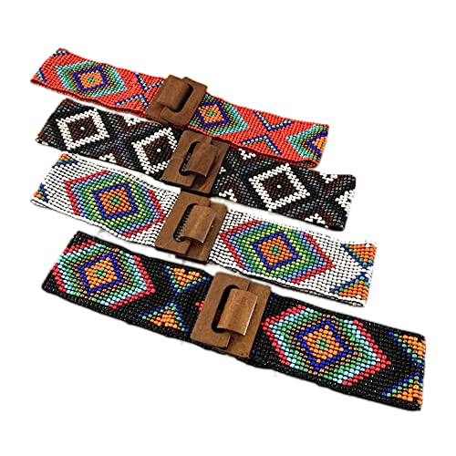 Tong Gu Women Glass Beaded Elastic Belt Wide Waistband Boho Bohemian Ethnic Obi Bead Basket Weave Belts