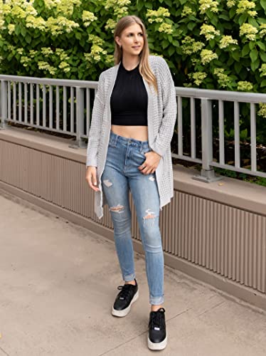 Btfbm Women Long Sleeve Open Front Plain Knit Cardigan Fashion Color Block Striped Slouchy Loose Pockets Sweater Outwear (Grey, Large) #TOP3