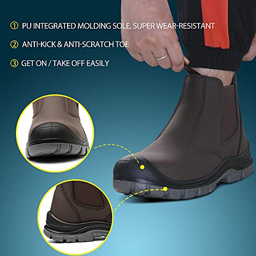 Steel Toe Work Boots for Men Slip-on Chelsea Boot, Men's Industrial & Construction Shoes, Waterproof, Lightweight, Comfortable, Non-slip Safety Shoes, Black, 10.54