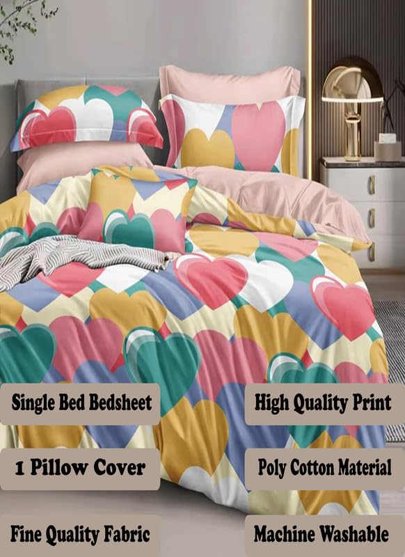 Image of Polycotton Single Bed Bedsheet, Flat Sheet with 1 Pillow Cover, Queen (60x90 inch), 300 TC, Green & Multi, Set of 2
