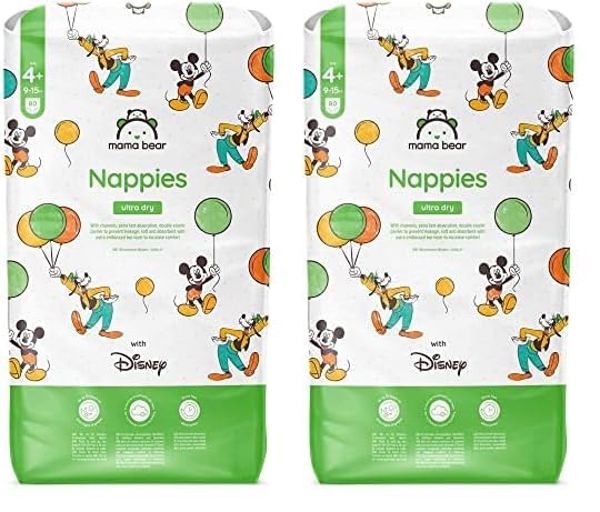 Marca Amazon - Mama Bear Disney pañales ultrasecos, Talla 4+ (9-15 kg), Bianco, 80 Unidad (Paquete de 2)