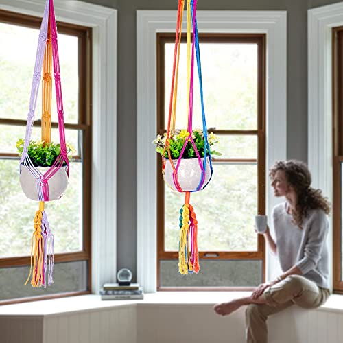 HOWMAX Rainbow Colorful Macrame Plant Hanger with 2 Hooks, Hanging Plant Holder Indoor Outdoor, Handmade Cotton Rope for Boho Room Decor Hanging Ceiling Decor,2 Pack