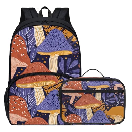 Mushroom Backpack for Girls Padded Back Straps Lightweight 17 Inch School Backpack with Lunch Box for Girls Flower Print Bookbag Black School Bag