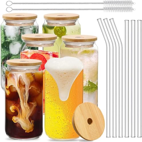 La mejor comparación de Vaso con tapa y popote para comprar hoy. 46 Jasinber Juego de 6 Vasos de Vidrio, Vasos con Forma de Lata de 16 Onzas con Tapas y Paja de Vidrio, Bonitos Vasos de Vaso, Café Helado, Cóctel, Copas de Cola, 2 Cepillos de Paja...