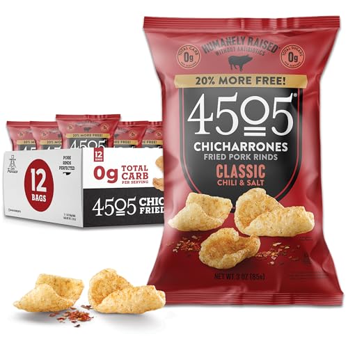 4505 Classic Seasoned Chicharrones, Fried Pork Rinds - Chili & Salt Flavored Pork Skins - Low Carb, Gluten-Free, Protein Snack - 3oz (Pack of 12)