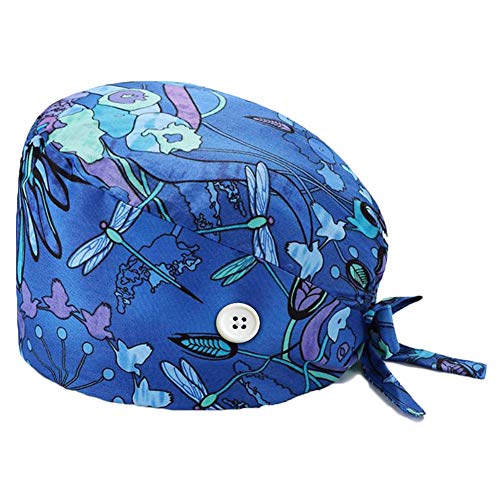 TOSFOGO Upgrade Working Cap with Buttons, Adjustable Working Hat Tie Back Head Cover Headwear Sweatband for Women Men(Navy Blue Dragonfly)