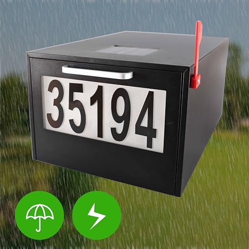 Image of Black Post Mount Mailbox | 2 Lighting Modes, Solar Numbers Light, Large Capacity, Infrared Sensor Illuminated at Night, Iron Numbers
