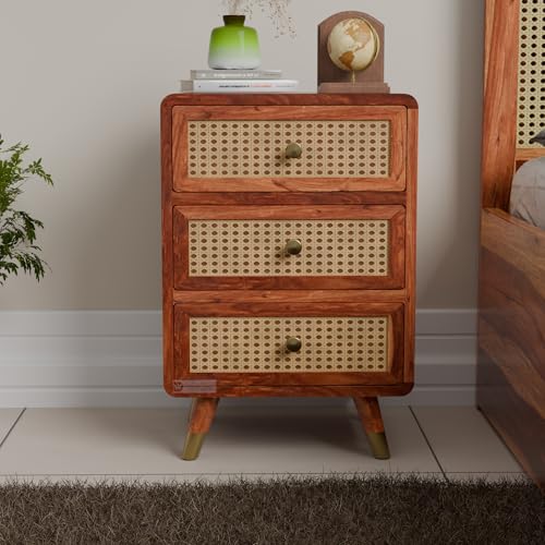 Image of DRIFTINGWOOD Amber Nightstand Bedside Table with 3 Drawers - Solid Sheesham Wood & Rattan Cane Front - Mid Century Modern Wooden End Table for Bedroom - Honey Finish
