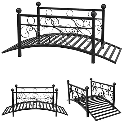 Garden Path Foot Arch Bridge, Outdoor Decorative Black Iron with Patterned Guardrails and Round Iron Ball Flat Top Handrail for Pond, Yard & Backyard Landscaping, 4FT (with Round Iron Balls)