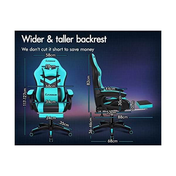 ELFORDSON LED Gaming Chair with 8-Point Massage, Swivel Office Chairs with Head Pillow Lumbar Support, Ergonomic Desk Chair with Armrests Footrest for Heavy Duty, PU Leather, Cyan - Image 3