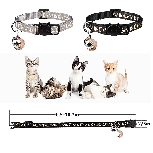 Image of 2PCS Breakaway Cat Collars with Bell Cute Kitty Glow in The Dark Adjustable Kitten Collars(Grey&Black)