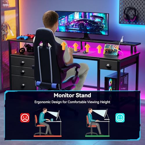 Image of Furologee 60 inch Black Computer Desk with 4 Drawers and Printer Space, Gaming Desk with LED Lights and USB Power Outlets, Home Office Desk with Fabric File Cabinet,Study Work Table with Shelf for Bedroom