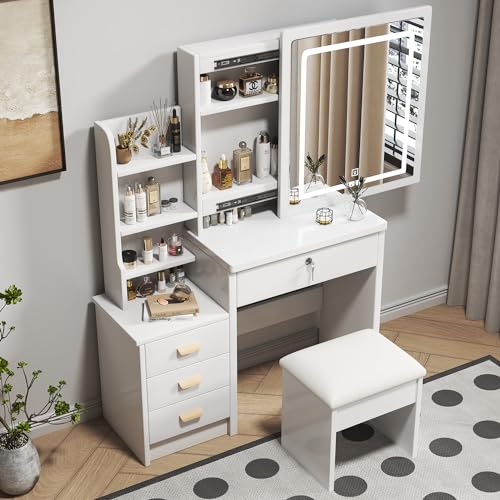 Vanity Set with Lighted Mirror - White Vanity Desk with Hidden Storage Space, 4 Drawers and Shelves, Makeup Table and Stool Set, Modern Makeup Desk Dressing Table for Home Apartment