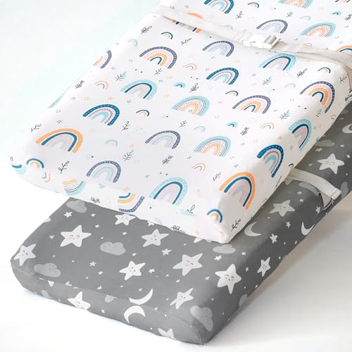 Image of BROLEX Changing Pad Covers for Baby: Boy Girls Ultra Stretchy Soft 2 Pack Rainbow&Stars