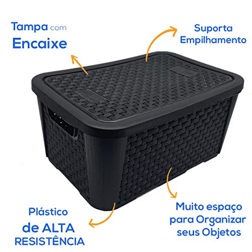 Kit 3 Caixas Organizadoras Casa Decoração Rattan Preta Pequena Media Grande