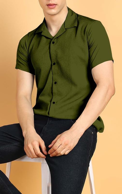 Image of COMBRAIDED Men's Solid Cotton Blend Half Sleeve Shirt - Regular Fit Casual Button-Down Shirt for Office & Travel - Summer & Spring