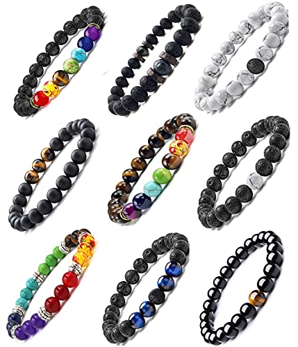 CASDAN 9Pcs Black Lava Stone 7 Chakra Bracelets for Women Men 8mm Yinyang Rock Bead Elastic Natural Stones Gemstones Oil Diffuser Yoga Menditation Beads Bracelets