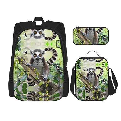 Mochila de bolsillo y bolsa cruzada para el almuerzo con estampado de lémur con cola anillada