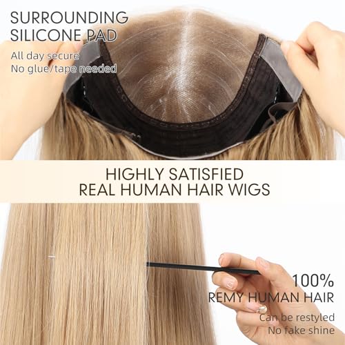 Image of KKU 5x5 Lace Front Human Hair Wig,Real Hair Wigs for Women,Glueless,Non-Slip Silicone Pads and Skin-Friendly Cap(16 Inch, Blonde)