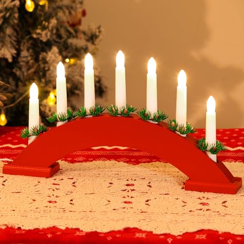 Lewondr Christmas Swedish Candelabra, 7 Taper Flameless Candles with USB Powered, Christmas Window Candle Light with Pine Needles, Wooden Candle Bridge Light for Xmas Decoration Wedding, Red