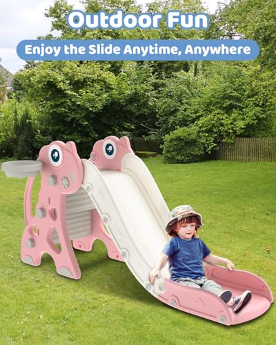 Babytronic Toddler Slide, Kids Indoor Outdoor Slide, Baby Slide Playset with Basketball Hoop & Ring Toss, Foldable Baby Plastic Slide, Outdoor Playground Climber Slide (Pink) - Thumbnail 2