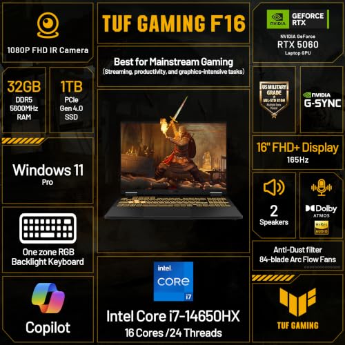 Image of ASUS TUF F16 16 inch FHD+ 165Hz Gaming Laptop, Intel Core i7-14650HX, 32GB RAM, 2TB Storage (1TB SSD+1TB Docking Station Set), GeForce RTX 5060 8GB GDDR7, RGB Backlit Keyboard, Windows 11 Pro, Jaeger Gray