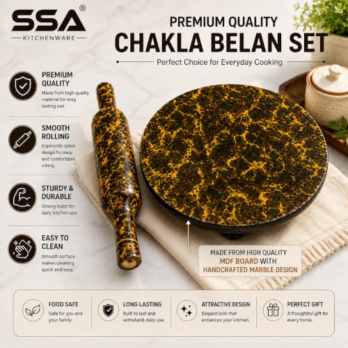 Image of SSA Waterproof MDF Chakla Belan Set | 10 Inch Waterproof Rolling Board with 12 Inch Wooden Belan | Handcrafted Marble Design | Non Slip Surface | Roti Chapati Paratha Puri Dough Roller | Yellow